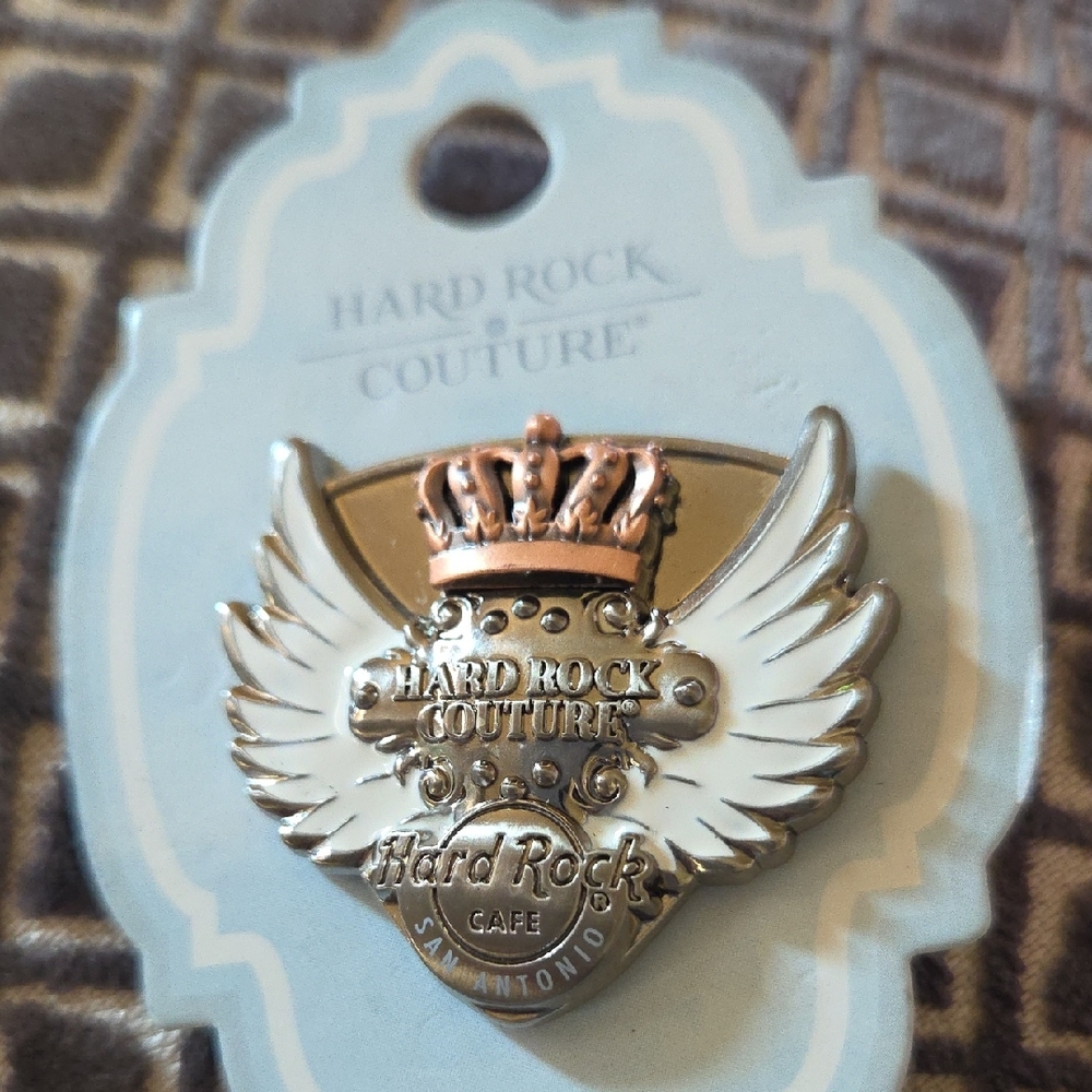 Hard Rock Cafe Silver and White Winged Crown Pin